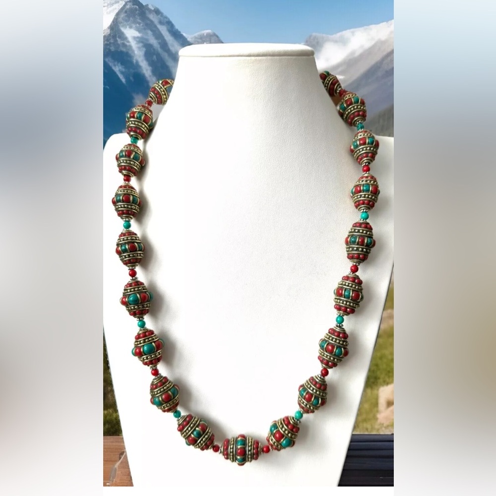 Stunning and vintage Tibetan tribal theme handmade brass beads necklace 24”inch